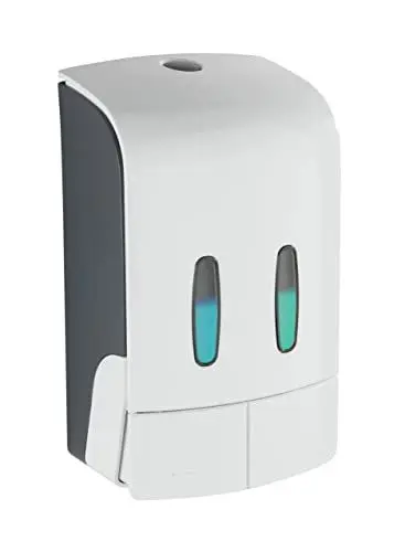 Produktbild: WENKO 2-Kammer Desinfektionsmittel- und Seifenspender Tartas Weiß, hygienischer Wand-Spender für Desinfektionsmittel, flüssige Seife etc. ohne Bohren, Füllmenge je Kammer: 480 ml, 14,5 x 24 x 9 cm