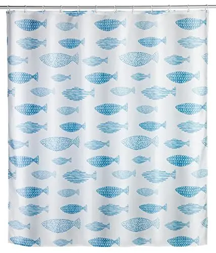 Produktbild: WENKO Anti-Schimmel Duschvorhang Mod. Aquamarin, Textil-Vorhang mit Antischimmel Effekt fürs Badezimmer, waschbar, wasserabweisend, mit Ringen zur Befestigung an der Duschstange, 180 x 200 cm