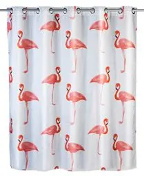 Produktbild: WENKO Anti-Schimmel Duschvorhang Flamingo Flex, Textil-Vorhang mit Antischimmel Effekt, große integrierte Ringe zur Befestigung an der Duschstange, waschbar,wasserabweisend, 180 x 200 cm