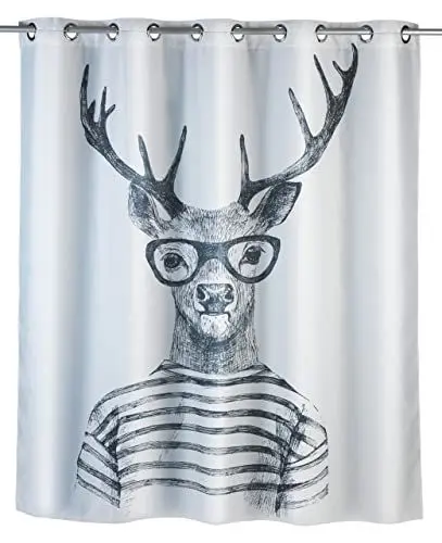 Produktbild: WENKO Anti-Schimmel Duschvorhang Mr.Deer Flex, Textil-Vorhang mit Antischimmel Effekt, große integrierte Ringe zur Befestigung an der Duschstange, waschbar,wasserabweisend, 180 x 200 cm
