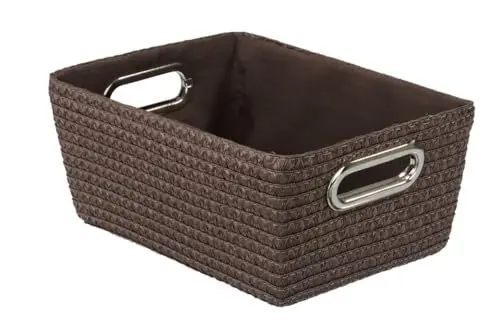 Produktbild: WENKO Aufbewahrungskorb Mod. Chromo eleganter Aufbewahrungsbox in modernem Design geflochtener Kunststoff für Badaccessoires und Küchenkorb mit Chromgriffen 28 x 12 x 19,5 cm Polypropylen Braun