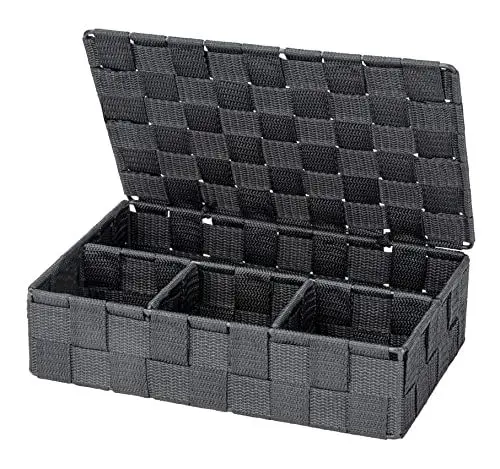 Produktbild: WENKO Badorganizer Mod Adria Deckel Dunkelgrau praktische Aufbewahrungsbox für Bad und Haushalt Maße 26 x 7,5 x 17 cm Kunststoff-Geflecht