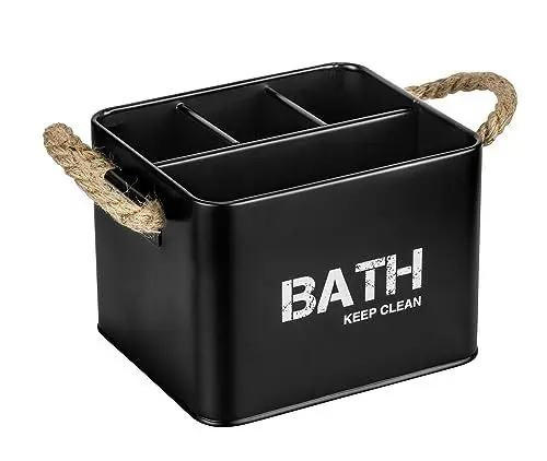 Produktbild: WENKO Badbox Gara mit 4 Fächern, Aufbewahrungsdose aus Stahl, trendiger Aufdruck, geflochtene Griffe, ideal für Bad und Gäste-WC, 19 x 12,5 x 13 cm, Schwarz