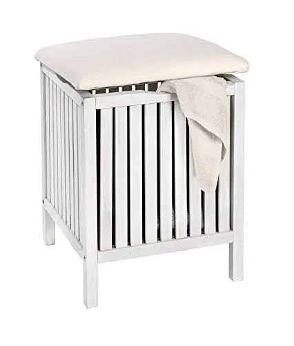 Produktbild: WENKO Badhocker Norway mit Wäschesammler, Wohnhocker im Shabby-Chic Design mit gepolsterter und aufklappbarer Sitzfläche als Deckel, aus Walnussholz, Fassungsvermögen 65 L, 39 x 52 x 39 cm, Weiß
