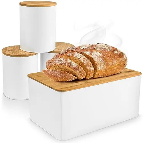 Produktbild: Brotkasten Brotaufbewahrung mit Bambusdeckel & Schneidebrett, inkl. 3-er Set Vorratsdose Aufbewahrungsdosen Frischhaltedosen zur Lebensmittelaufbewahrung Weiß