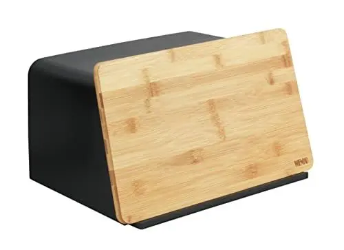 Produktbild: WENKO Brotkasten mit Bambusbrett Kubo, vielseitige Brotaufbewahrung mit Deckel & integriertem Schneidebrett aus Bambus, Frischhaltedose, nachhaltig Brot aufbewahren, 35 x 20,5 x 26 cm, Schwarz/Natur