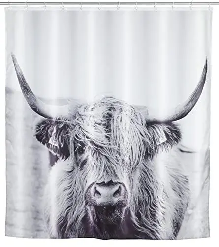 Produktbild: WENKO Duschvorhang Mod. Yak, hygienischer Textil-Vorhang, waschbar, wasserabweisend & pflegeleicht, mit 12 Ringen zur Befestigung an der Duschstange, 180 x 200 cm, Weiß/Schwarz