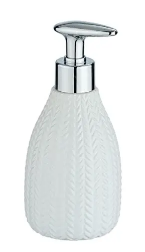 Produktbild: WENKO Flüssigseifenspender Barinas, nachfüllbares Accessoire für 300 ml Flüssigseife mit zartem Muster, Maße 7,8 x 18,3 x 8,8 cm, stillvoller Seifenspender in Weiß/Silber aus Keramik