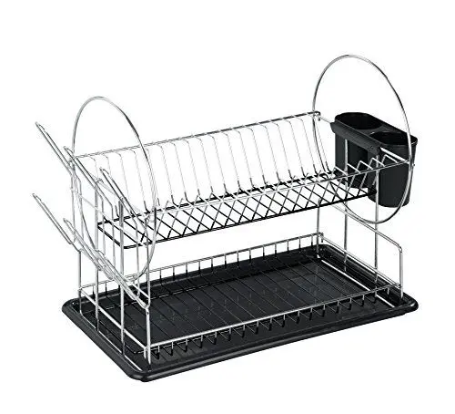 Produktbild: WENKO Geschirrabtropfer Premium Duo, Organisationstalent, Geschirr Abtropfständer für die Küche, Abtropfgestell mit Besteckkasten und Tellerständer, 52 x 36 x 24 cm, aus Metall, Silber/Schwarz