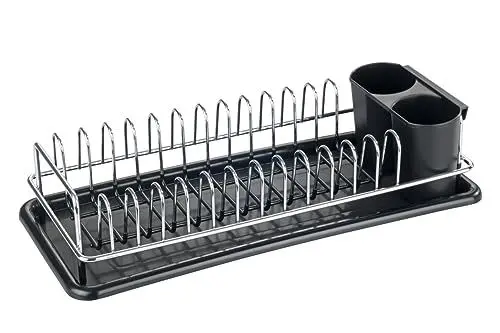Produktbild: WENKO Geschirrabtropfer Single, kompaktes Abtropfgestell für Geschirr mit Abtropfschale, abnehmbarem Besteckkorb für kleine Küchen, Gestell aus verchromtem Metall, 40x10x18cm, Schwarz/Silber, 69982800