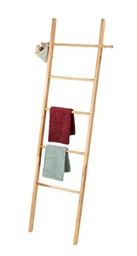 Produktbild: WENKO Handtuchleiter Norway, Leiter mit 5 Handtuchstangen und 2 Haken, Beliebig positionierbar, Scandi-Style, Massives Walnussholz, 43 x 170 x 4 cm