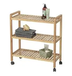 Produktbild: WENKO Haushalts- und Badwagen Norway, hochwertiges Roll-Regal mit 3 Etagen, fahrbares Bad-, Küchen- & Wohnregal mit 3 Ablagen im Scandi-Style, aus massivem Walnussholz geölt, 65 x 72 x 31 cm