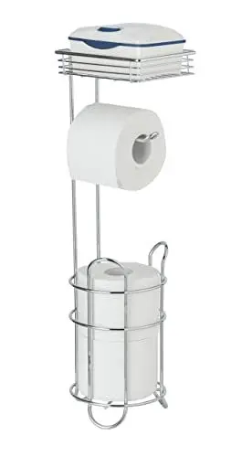 Produktbild: WENKO Toilettenpapierhalter freistehender WC-Ständer mit Ablage für Bad und Gästetoilette 3in1 inklusive Ersatzrollenhalter ohne Bohren aus robustem verchromtem Metall 16 x 59 x 18 cm Silber
