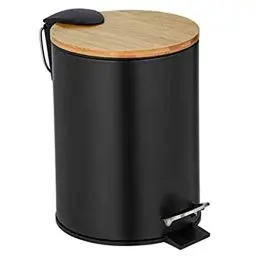 Produktbild: WENKO Kosmetik-Treteimer Mod. Tortona, schwarzer Eimer mit Bambusdeckel, 3 Liter, Badezimmer-Mülleimer mit Easy-Close Absenkautomatik, aus rostfreiem satiniertem Edelstahl, 17 x 23,5 x 21 cm