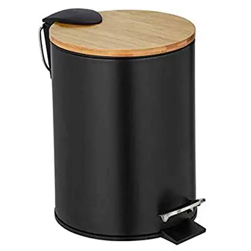 Produktbild: WENKO Kosmetik-Treteimer Mod. Tortona, schwarzer Eimer mit Bambusdeckel, 3 Liter, Badezimmer-Mülleimer mit Easy-Close Absenkautomatik, aus rostfreiem satiniertem Edelstahl, 17 x 23,5 x 21 cm