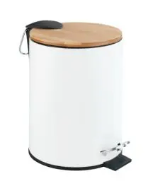 Produktbild: WENKO Kosmetik Treteimer Mod. Tortona 3 Liter, mit Deckel aus echtem Bambus, Badezimmer-Mülleimer mit Absenkautomatik, Kleiner Abfalleimer, lackierter Stahl, 17 x 23,5 x 21 cm, Weiß matt