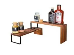 Produktbild: WENKO Küchenregal Mod. Vali Akazie, 2 Regalteile flexibel kombinierbar, aus FSC® zertifiziertem Akazienholz, Metall-Füße, Maße (B x H x T): 36 x 8 x 12 cm und 36 x 16 x 12 cm, Natur/Schwarz