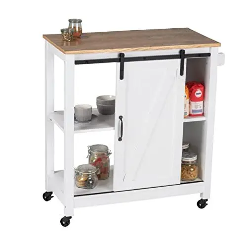 Produktbild: WENKO Küchenwagen Landhaus, stabiler Servierwagen mit 4 Rollen, 3 Ebenen, Schiebetür & praktischem Griff, vielseitig einsetzbar, Beistellwagen im trendigen Landhausstil aus Holz/MDF, 80 x 88,5 x 40 cm