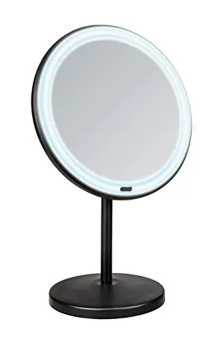 Produktbild: WENKO LED Stand-Kosmetikspiegel Onno, dimmbarer Spiegel mit LED-Beleuchtung und 5-Fach Vergrößerung, EIN-/Ausschalten per Touch-Funktion, Betrieb mit Batterien oder USB-Kabel, 20x34x13,5 cm, Schwarz