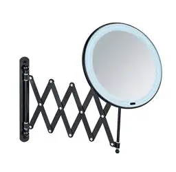Produktbild: WENKO LED Teleskop-Wandspiegel Mod. Barona, ausziehbarer Kosmetikspiegel mit LED-Beleuchtung und 5-fach Vergrößerung, Ein-/ausschalten per Touch-Funktion, Betrieb mit Batterien oder USB-Kabel, Schwarz