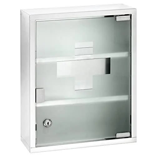 Produktbild: Medikamentenschrank Edelstahl, Arzneischrank zur sicheren Aufbewahrung von Medikamenten, aus hochwertigem, glänzendem Edelstahl und satiniertem Sicherheitsglas mit Dekor, 30 x 12 x 40 cm