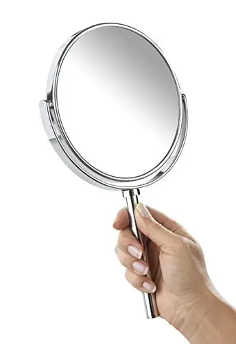 Produktbild: WENKO Power-Loc Kosmetik Handspiegel mit Halter Elegance - Befestigen ohne bohren, Spiegelfläche 13 cm 300 % Vergrößerung, Stahl, 16.5 x 28 x 10.5 cm Silber