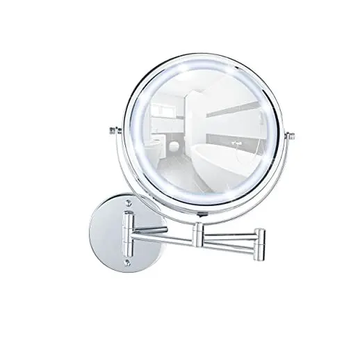 Produktbild: WENKO Power-Loc LED Wandspiegel Lumi, Kosmetikspiegel mit 5-Fach Vergrößerung, Befestigen ohne Bohren, Batteriebetrieben, Spiegelfläche Ø 17,5 cm