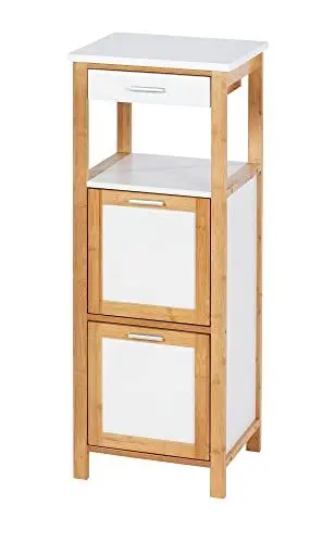 Produktbild: WENKO Regal Finja aus Bambus mit 2 Ablagen, 2 Fächern und Schublade - Badregal, Wohnregal, Bambus, 34 x 89 x 30 cm, Braun, 89 x 30 x 34 cm