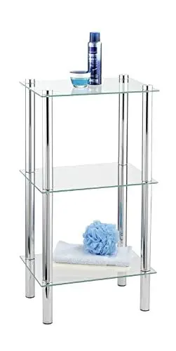 Produktbild: WENKO Regal Mod. Yago viereckig mit 3 Glasablagen, Badregal aus Edelstahl und Glas, 40 x 74 x 30 cm, platzsparende Aufbewahrung im Bad