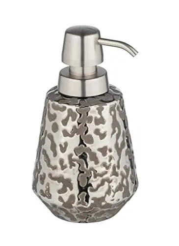 Produktbild: WENKO Seifenspender Burgos aus hochwertiger Keramik mit brillantem Musterspiel, nachfüllbarer Spender für Handseife, Pumpaufsatz in Edelstahl-Optik, Graubraun/Platin, Ø 9,1 x 15 cm, Füllmenge 350 ml