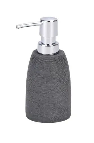 Produktbild: WENKO Seifenspender Goa, nachfüllbarer Pumpspender für Flüssigseife, Lotion oder Spülmittel, aus schwerem Kunststein (Polyresin), im natürlichen Stein-Look, Ø 7,4 x 10,5 cm, Füllmenge 210ml, Grau
