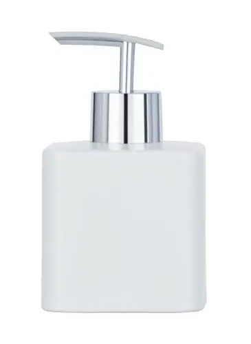 Produktbild: WENKO Seifenspender Hexa, nachfüllbarer Pumpspender aus Keramik für 290 ml Flüssigseife, silberner Pumpkopf, 7,5 x 13 x 8,5 cm, Weiß matt