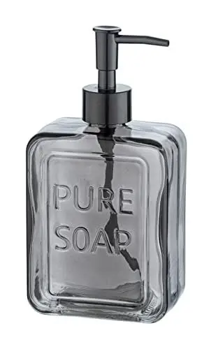 Produktbild: WENKO Seifenspender Pure Soap, nachfüllbarer Flüssigseifenspender aus hochwertigem Glas, großzügiger Desinfektionsmittelspender für Küche, Bad und Gäste-WC, Füllmenge 550 ml, 9,5 x 20 x 6 cm, Grau