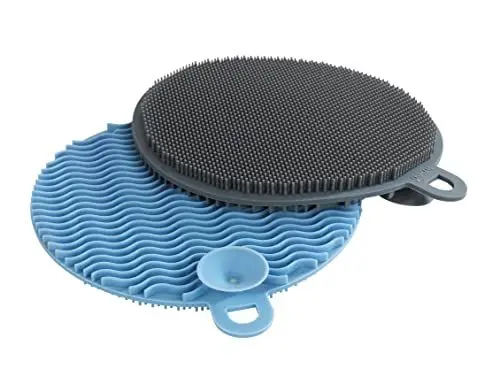Produktbild: WENKO Silikon Spül-Schwamm Soft, 2er Set kratzfreie Geschirr-Schwämme, hygienischer Haushaltsschwamm spülmaschinengeeignet mit je Ø 12 x 1,2 cm in Grau & Blau