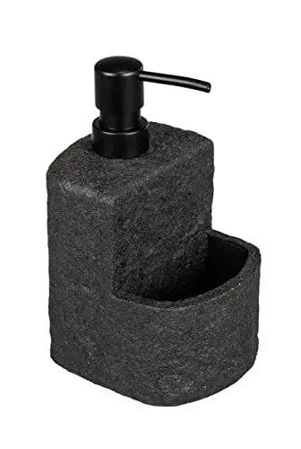 Produktbild: WENKO Spülmittelspender Festival Stone Schwarz, nachfüllbarer Seifenspender in Steinoptik aus hochwertigem Polyresin für die Küche, extra Fach für den Spülschwamm, Volumen 380 ml, 10,5 x 18 x 11 cm