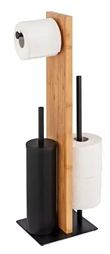 Produktbild: WENKO Stand WC-Garnitur Lesina, aus Bambus und schwarz lackiertem Stahl, Kombination aus WC-Garnitur, Toilettenpapier- und Ersatzrollenhalter, WC-Bürstenkopf aus Silikon, (B x H x T): 18 x 69 x 18 cm