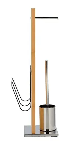Produktbild: WENKO Stand WC-Garnitur Portofino mit Zeitungshalter, Toilettenpapierhalter und WC-Bürstenhalter, aus echtem Bambus und rostfreiem Edelstahl, 24,5 x 68 x 22,5 cm, Braun