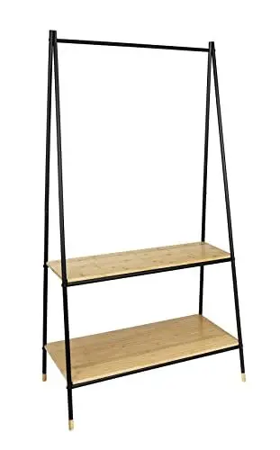 Produktbild: WENKO Standgarderobe Loft, freistehender Garderobenständer mit 2 großzügigen Ablagen, aus schwarzem Stahlrohr und FSC®-zertifiziertem Bambus, belastbar bis 40 kg, 90 x 167 x 42 cm