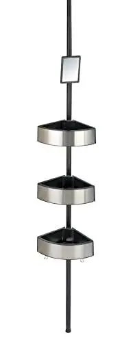 Produktbild: WENKO Teleskop Duschecke Premium Big Black, ausziehbares Badregal mit 3 Ablagen, 2 Haken & Spiegel, rostfreies Duschregal aus massivem Aluminium und Kunststoff, 27,5 x 70-260 x 20 cm, Silber/Schwarz