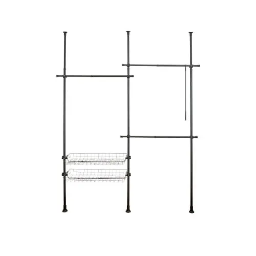 Produktbild: WENKO Teleskop-System Herkules Duo, 3 Kleiderstangen, 2 Ablagekörbe, Ausziehbar, Pulverbeschichtetes Metall, 164-215 x 165-300 x 38 cm, Schwarz matt