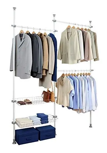 Produktbild: WENKO Teleskop-System Herkules Duo, individuell verstellbares Ordnungssystem mit 3 Kleiderstangen und 2 Ablagekörben, für den begehbaren Kleiderschrank, 164-215 x 165-300 x 38 cm, aus Metall in Weiß