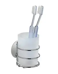 Produktbild: WENKO Turbo-Loc® Zahnputzbecher, Befestigen ohne Bohren, Becher aus satiniertem Kunststoff in Weiß, Chrom-Halterung zur Wandmontage, 7,5 x 10 x 9 cm