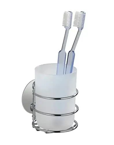 Produktbild: WENKO Turbo-Loc® Zahnputzbecher, Befestigen ohne Bohren, Becher aus satiniertem Kunststoff in Weiß, Chrom-Halterung zur Wandmontage, 7,5 x 10 x 9 cm