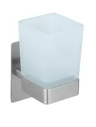 Produktbild: WENKO Turbo-Loc Zahnputzbecher Genova Matt, Wand-Zahnputzbecher, Befestigen ohne Bohren, Edelstahl/Glas satiniert, 6,2 x 13,2 x 9 cm, Silber matt