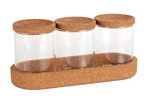 Produktbild: WENKO Aufbewahrungsdosen Apiro,3er Set Dosen aus Glas mit Deckeln und Ablage aus Kork zum sortierten Aufbewahren von Kleinteilen im Badezimmer oder Büro,26 x 12 x 9,5 cm,Natur/Transparent 25355100