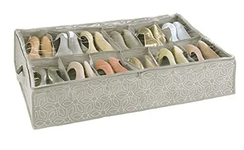 Produktbild: WENKO Unterbettkommode Mod. Balance für Schuhe 12 Fächer mit Sichtfenster und 3-Seiten Reißverschluss atmungsaktiv platzsparend Taupe 74 x 15 x 60 cm