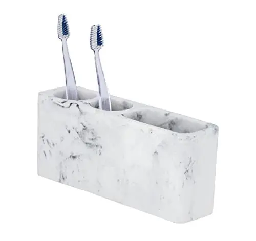 Produktbild: WENKO Utensilienhalter Desio, Kosmetik-Organizer für Make-Up Pinsel, Bad-Zubehör aus Kunststein in eleganter Marmor-Optik, Zahnbürstenhalter für stilvolle Badausstattung, Weiß/Grau, 22 x 10,2 x 6,4 cm