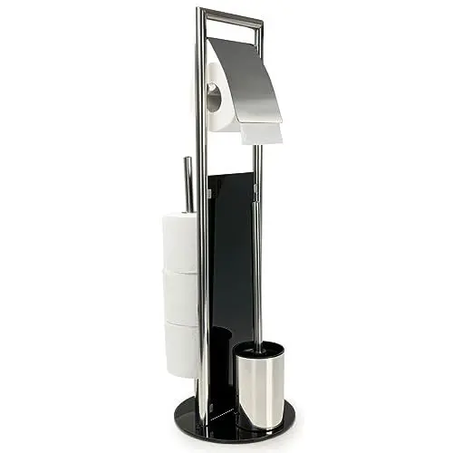 Produktbild: WENKO Stand WC-Garnitur Mod. Ravina Edelstahl 3in1 mit Toilettenpapierhalter und Bürstenhalter inkl Bürste Ø 20 x 70 cm Farbe Silber glänzend und Schwarz