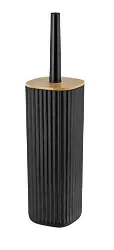 Produktbild: WENKO WC-Garnitur Rotello, geschlossener WC-Bürstenhalter aus hochwertigem Kunststoff mit Bambus-Deckel und Rillenstruktur, Ø 10 x 36 cm, inklusive WC-Bürste, Bürstenkopf auswechselbar, Schwarz/Natur