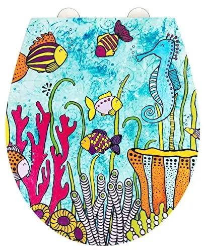 Produktbild: WENKO WC-Sitz Ocean Life, bunter Rollin'Art Toilettensitz mit Relief Oberfläche, hygienische Schnellbefestigung aus Edelstahl & Easy-Close Absenkautomatik, aus antibakteriellem Duroplast, 38 x 44,5 cm